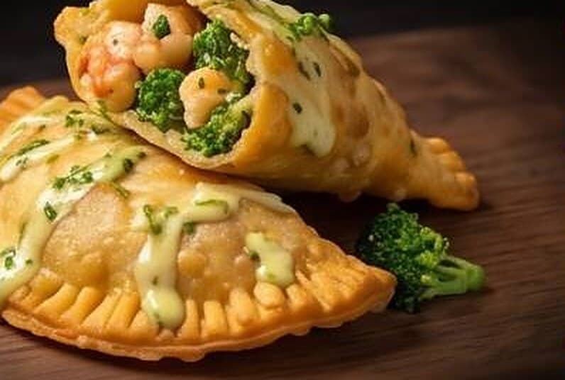 Shrimp and broccoli empanada cut open on a wooden board