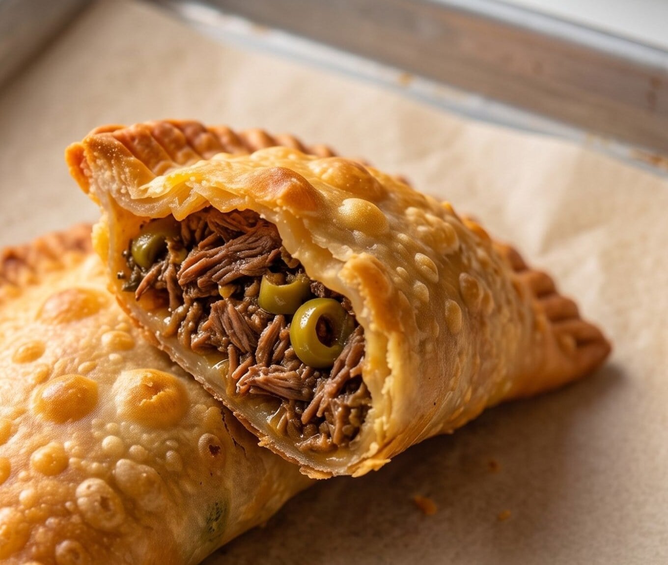 Beef empanada broken open to show seasoned beef filling with green olives