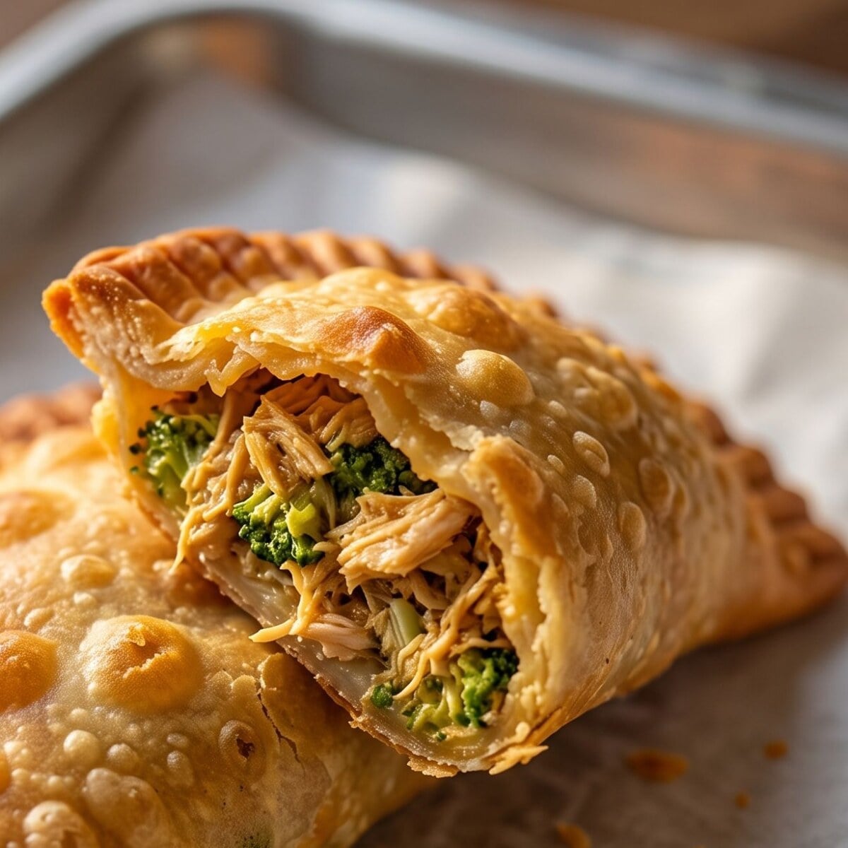 Chicken and broccoli empanada broken open to show the filling